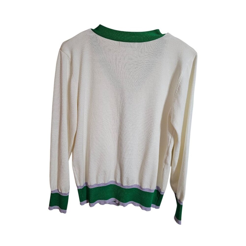 Grace Karin Cream Green Button Front Knit Cardigan Retro Contrast Trim XL Preppy - Picture 3 of 8